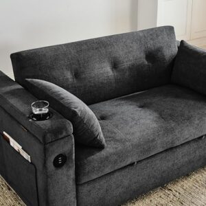 Modern 4 in 1 Convertible Sleeper Sofabed Chenille Upholstered Multifunctional Loveseat Sofa with Pull-Out Couch Bed,Armrests Storage,Cupholders,USB Ports,Adjustable Backrest,Pillows,Side Pockets