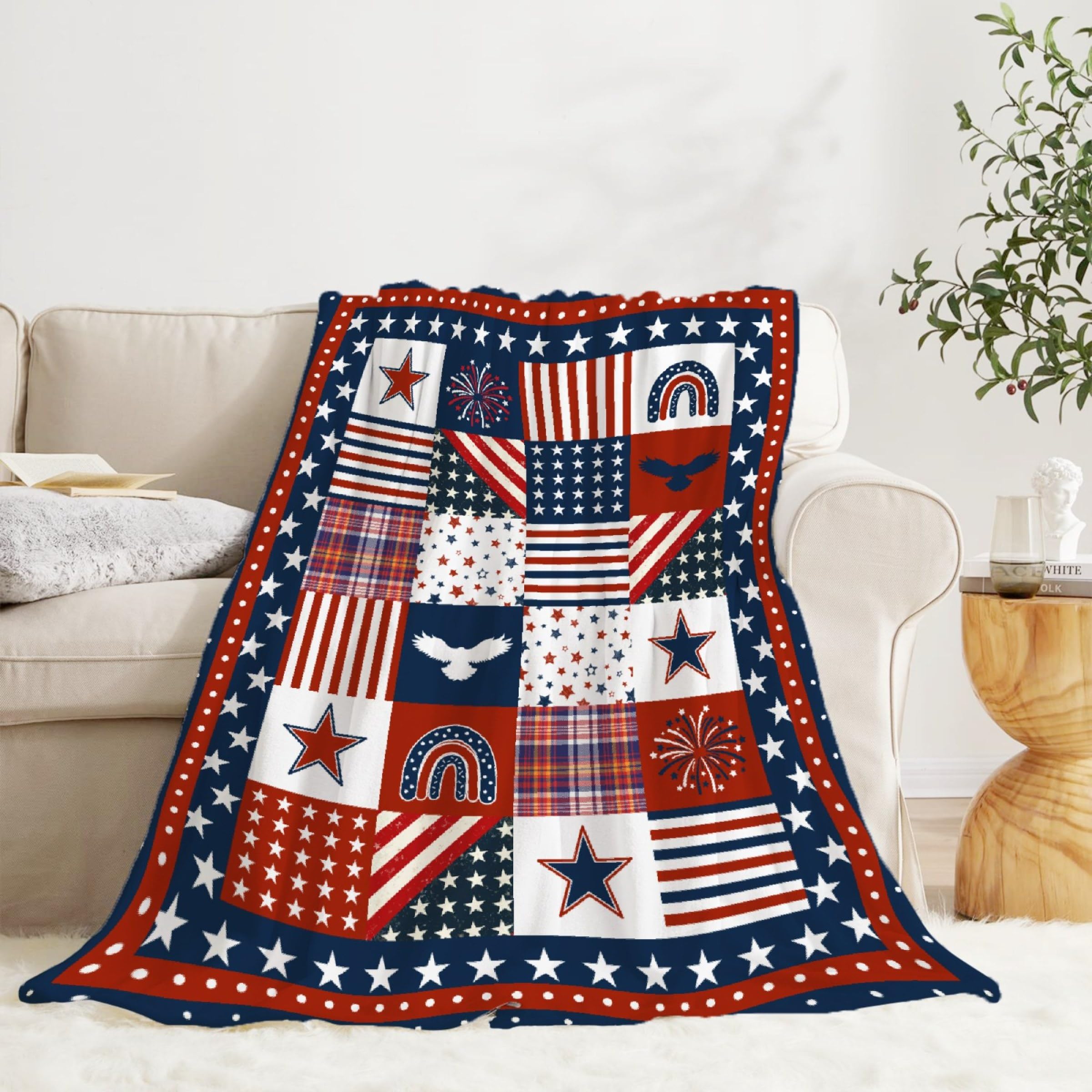 Ishanaten Flag Star Patriotic Blankets Independence Day 4th of July Blanket Gifts, Ultral Soft Blue Red White Lightweight Flannel Blankets Throw for Home Sofa Bed Chair 50"x60" for Teens