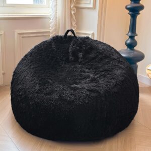 xege fluffy stuffed animal storage bean bag chair cover (no filler), faux fur washable ultra soft bean bag cover for plush toys or textile, plush shaggy large bean bag for adults kids teens, black