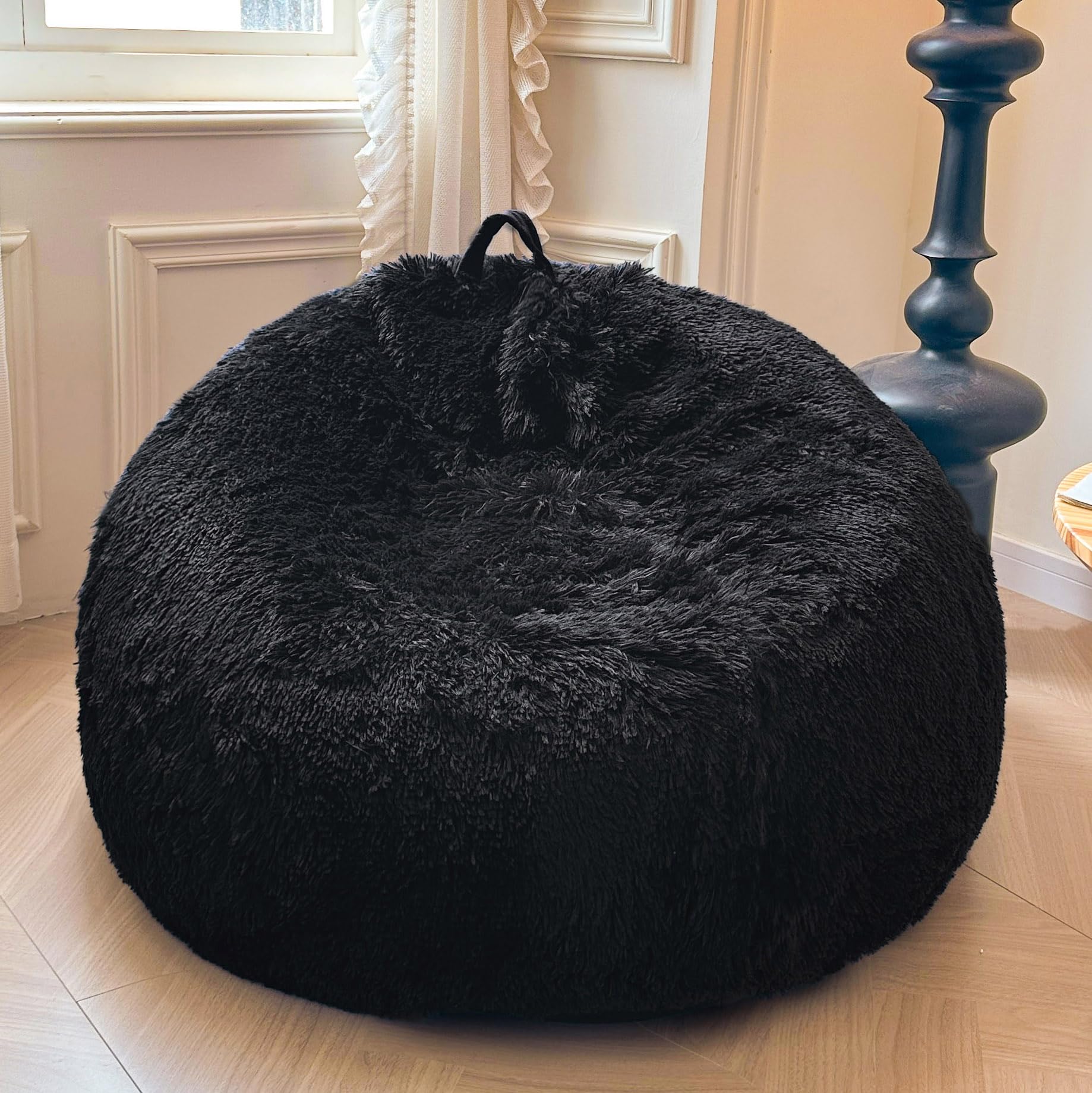 XeGe Fluffy Stuffed Animal Storage Bean Bag Chair Cover (No Filler), Faux Fur Washable Ultra Soft Bean Bag Cover for Plush Toys or Textile, Plush Shaggy Large Bean Bag for Adults Kids Teens, Black