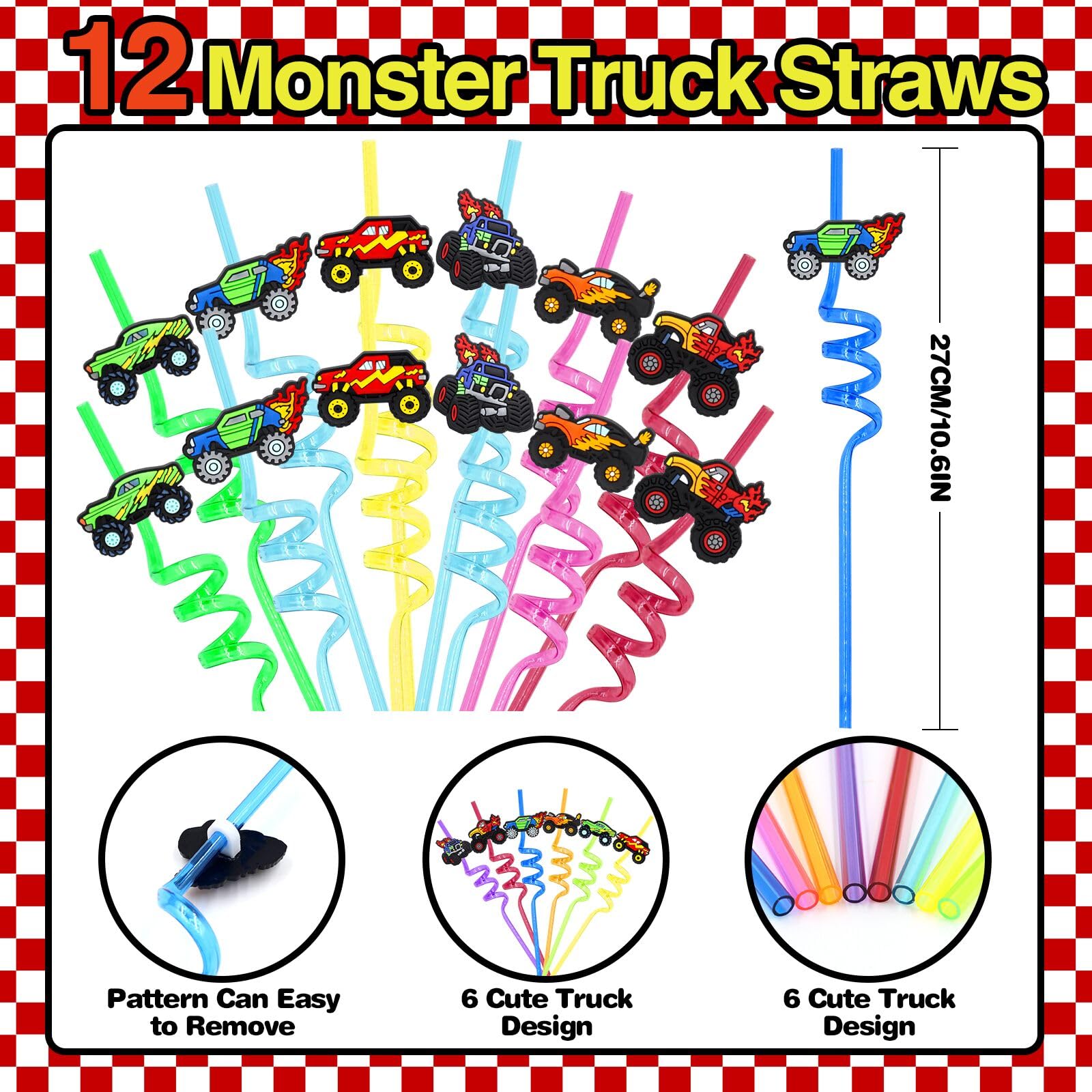 BOIKOKY 110 PCS Monster Truck Party Favors Birthday Supplies with Drinking Straws, Silicone Bracelets, Bubble Wands, Keychains, and Monster Truck Pinata for Boys Goodie Bag Stuffers