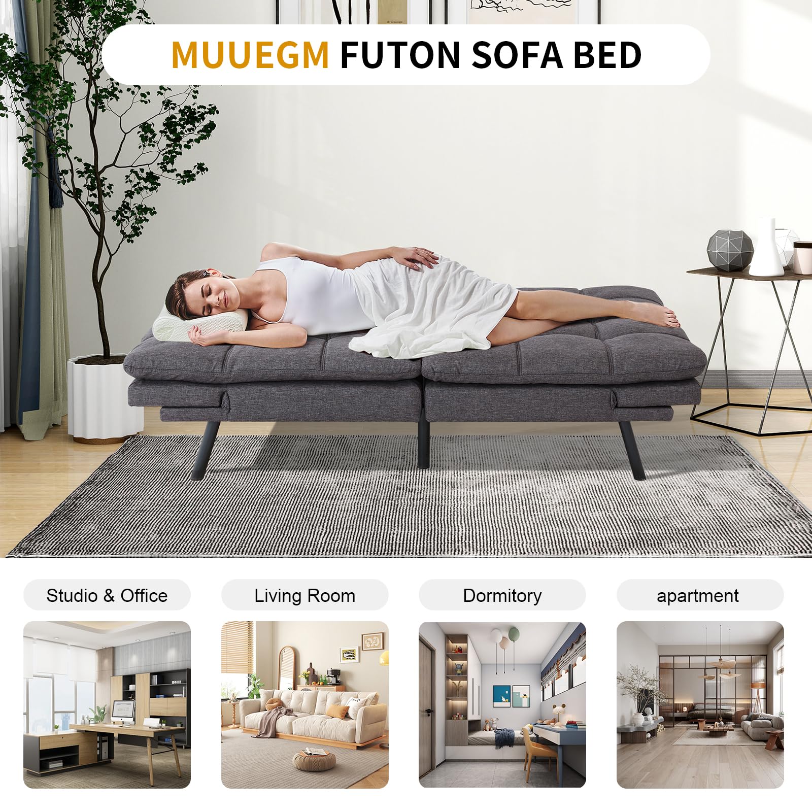 MUUEGM Convertible Futon Sofa Bed, Modern Couch Foldable Linen Memory Foam Couch Sleeper Bed with Armrest and Backrest Adjustable Full Size Recliner for Living Room Office Sofabed,71" Dark Grey