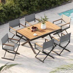 grand patio 7-piece outdoor dining set, 6 extra-wide foldable chairs & 1 extendable table, uv-resistant mesh patio furniture set, wood grain tabletop for garden, yard and terrace, black