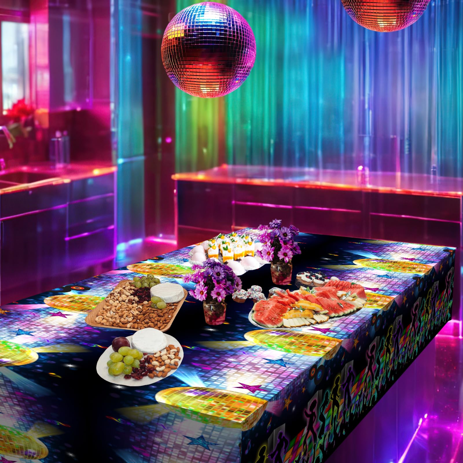 Avezano 3 pcs Disco Table Cloth 70's Party Table Cover Lets Boogie 70s Party Decorations Plastic Throwback 70s Party Supplies for Dining Room Kitchen, 108x54 Inch