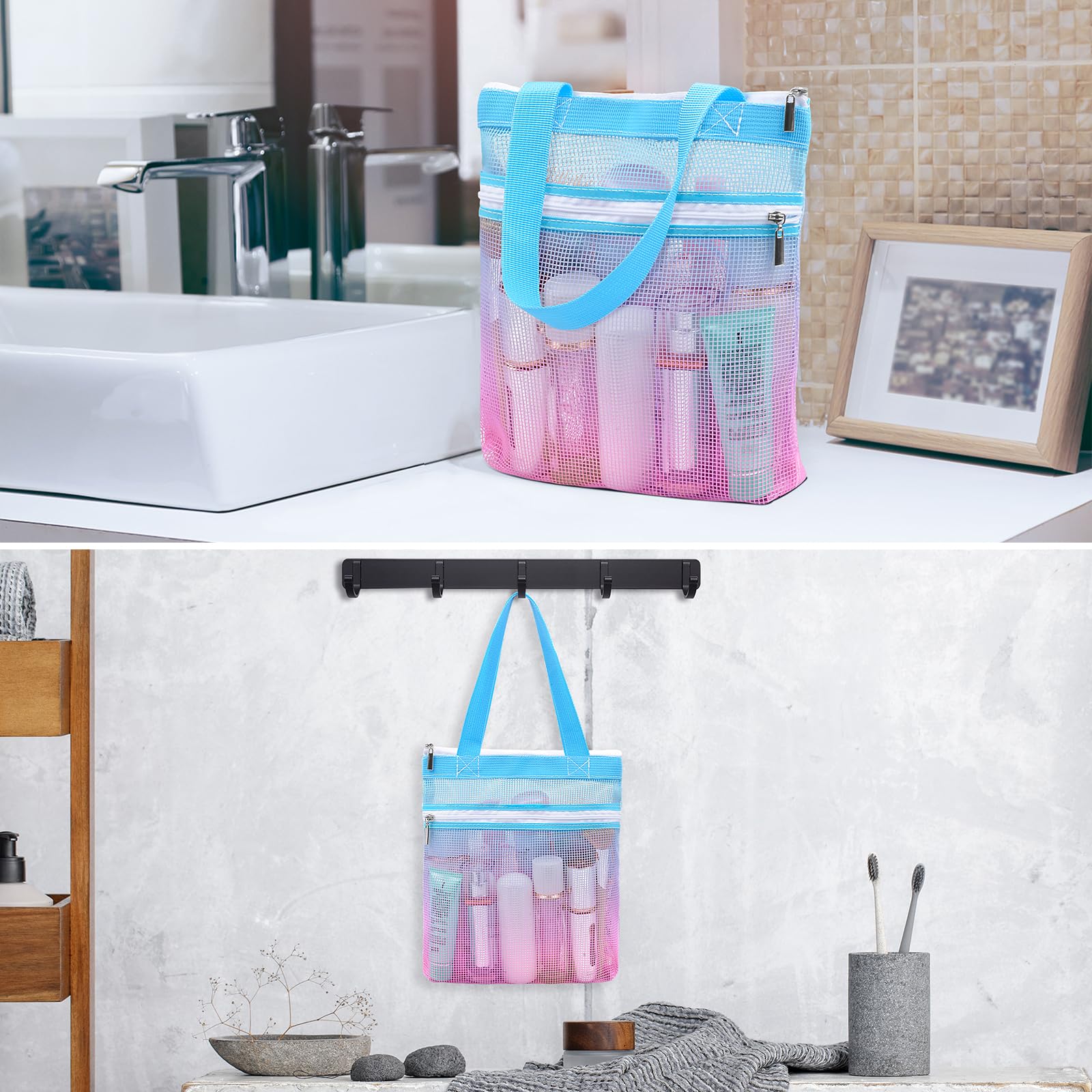 Nidoul Mesh Shower Caddy, Portable Shower Caddy Bag with Zipper, Shower Tote Dorm Caddy Hanging for Dorm, Gym, Travel, Camp, Beach, Toiletry (Pink Blue)