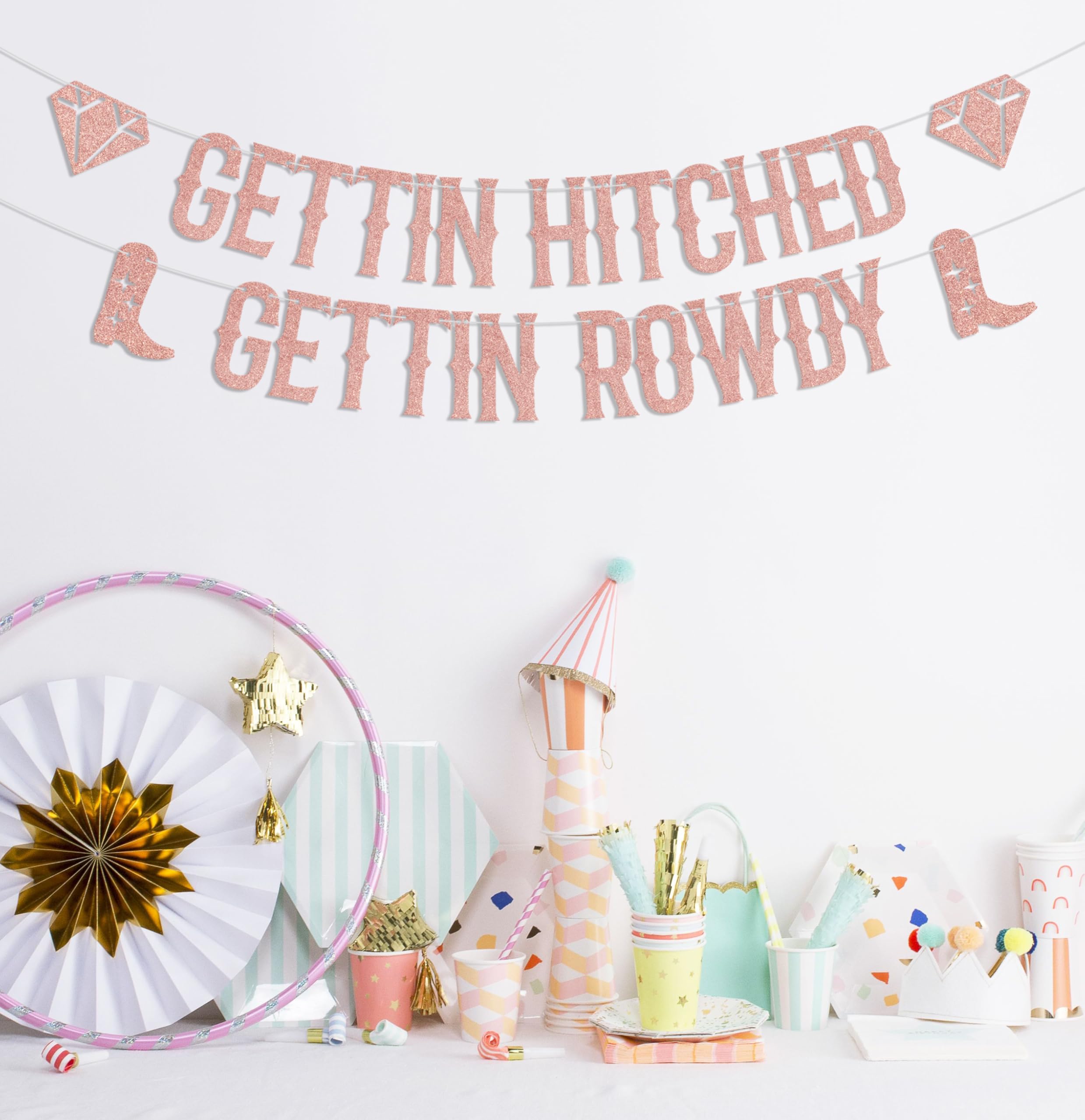 KEWUFD Gettin Hitched Gettin Rowdy Banner, Engagement/Bachelorette/Bridal Shower Party Decorations For Wedding Party Decoration Supplies Rose Gold Glitter