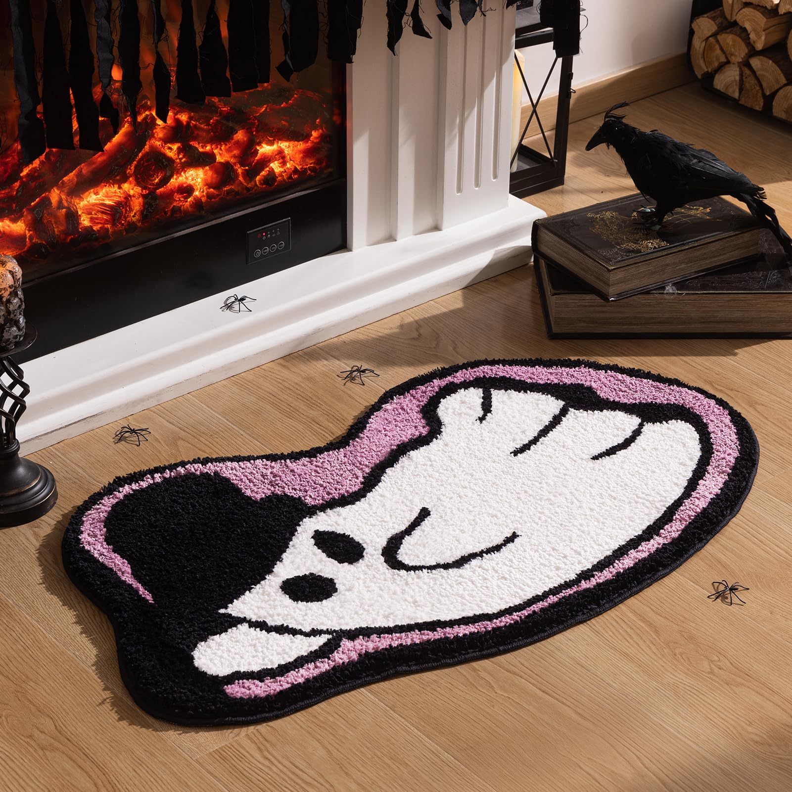 Phantoscope Happy Halloween Rug Ghost Shaped Area Rug, Soft Plush Mat for Front Door Living Bedroom Bathroom, Non-Slip Decorative Rug, Gothic Halloween Decor Door Mat, White/Purple 27.5 x 55 inch