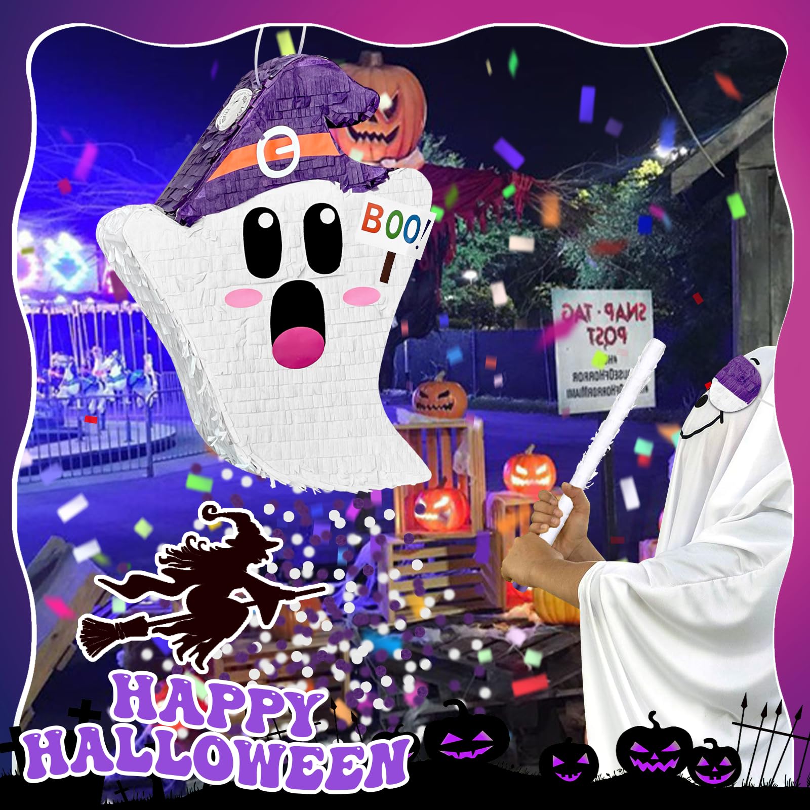 4 Pcs Halloween Ghost Pinata Set 17.7 x 13.7 Inch Cute Ghost Pinata with Stick Blindfold and Confetti for Halloween Birthday Party Game Supplies Decoration