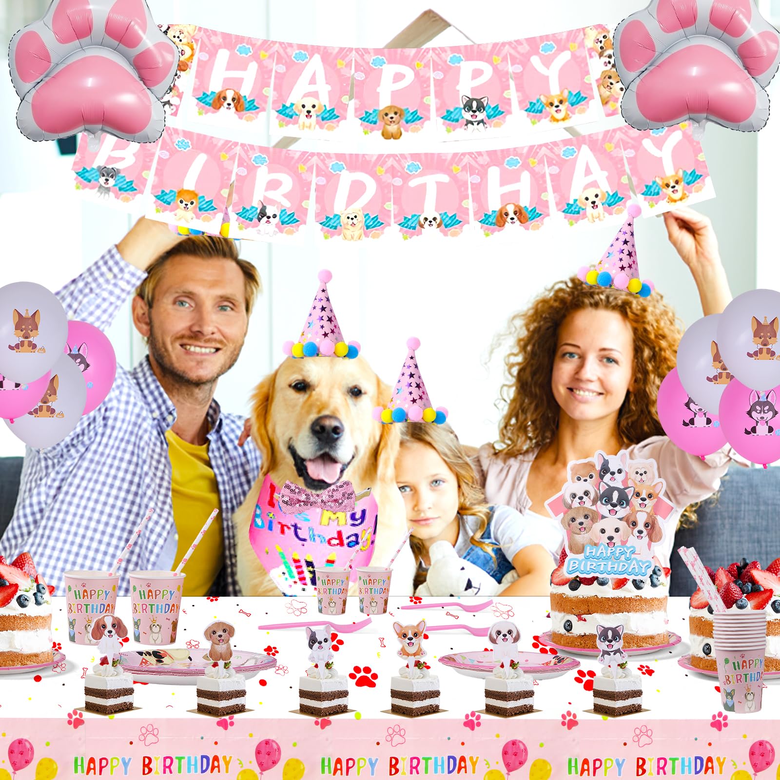 110pcs Dog Birthday Party Supplies,Dog Theme Party Favor Set Includes Hats,Bow Tie,Bandana,Birthday Banners,Balloon,Cake Topper,Cupcake Topper,Tablecioth,Plate,Fork,Cup,Straw