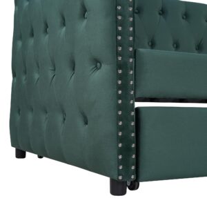 Merax Twin Size Tufted Upholstered Daybed with Trundle, Velvet Sofabed with Rivet Design, No Box-Spring Needed,Green