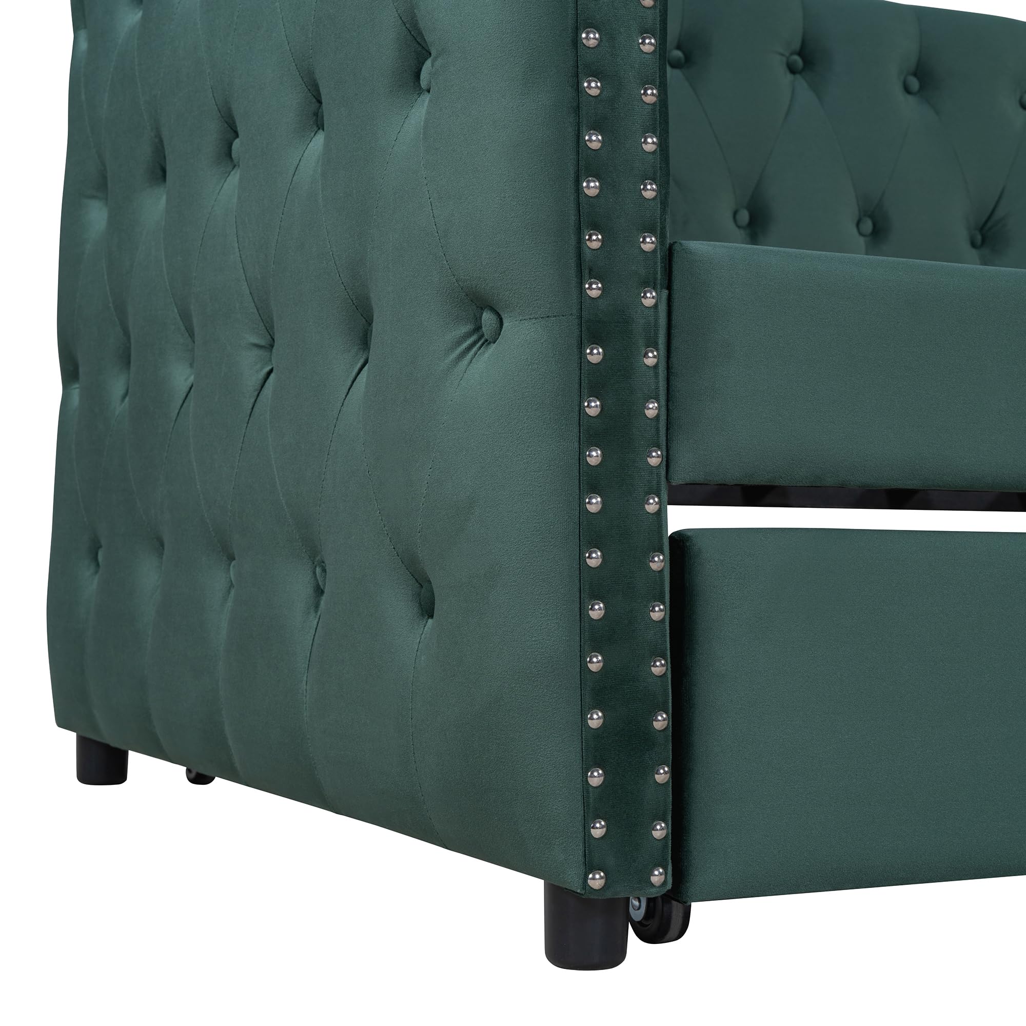 Merax Twin Size Tufted Upholstered Daybed with Trundle, Velvet Sofabed with Rivet Design, No Box-Spring Needed,Green