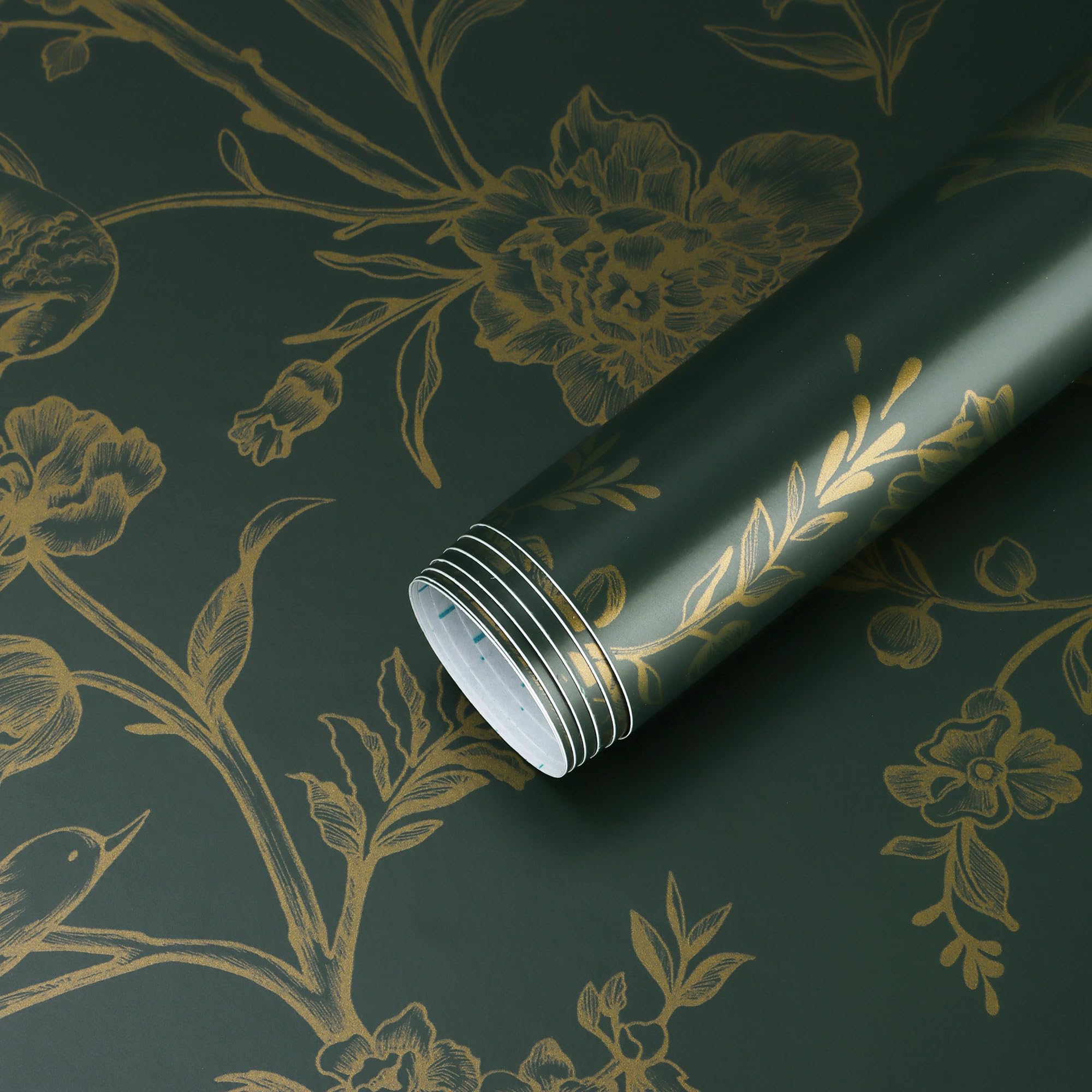 Safiyya 118"x17.3" Peel and Stick Wallpaper Gold and Dark Green Contact Paper Floral Birds Wallpaper Boho Wallpaper Removable Wallpaper Floral Wallpaper for Bedroom