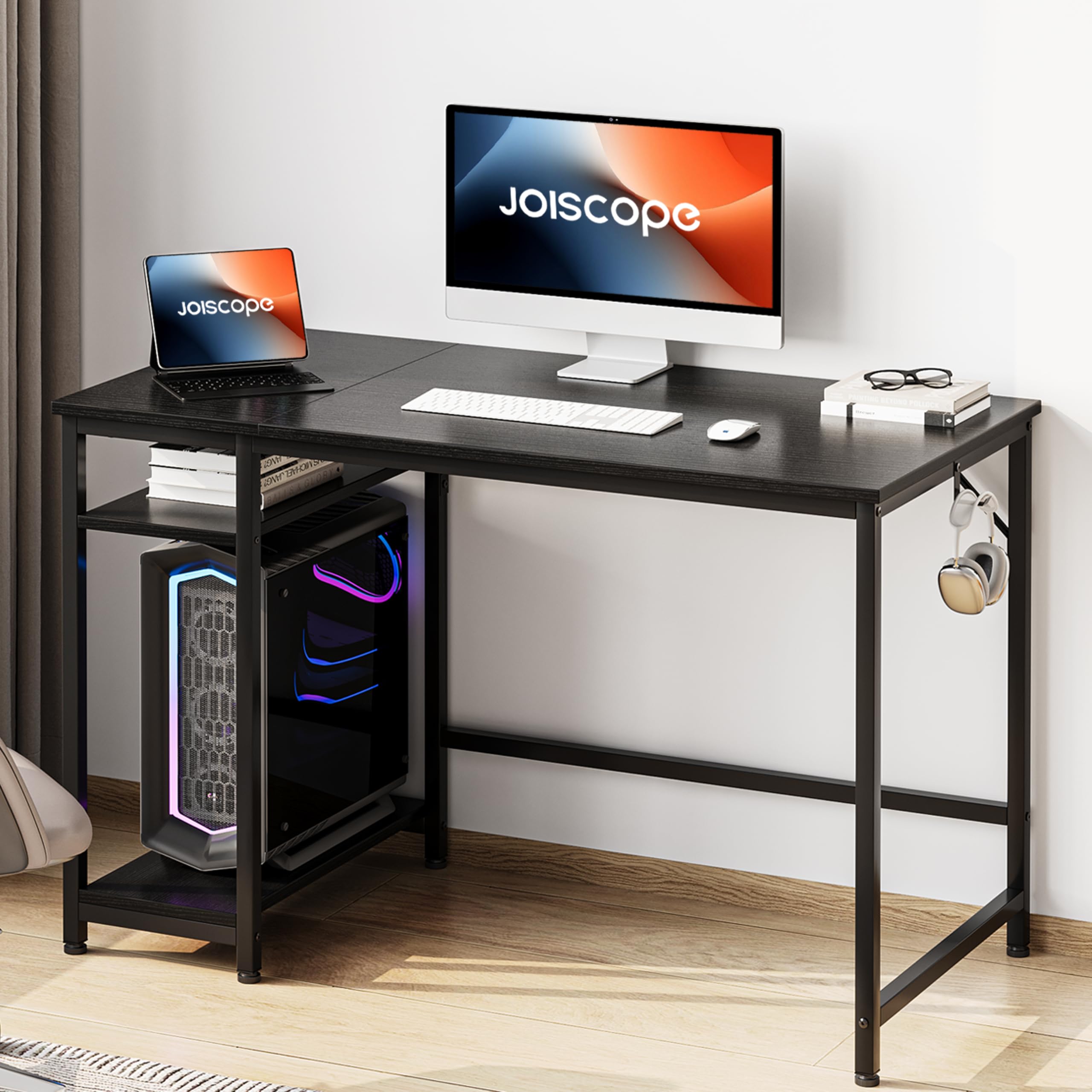 JOISCOPE Home Office Desk with Double Reversible Side Shelves and Headphone Hooks, Small Computer Desk for Working, Gaming, Studying, 40 inches, Black