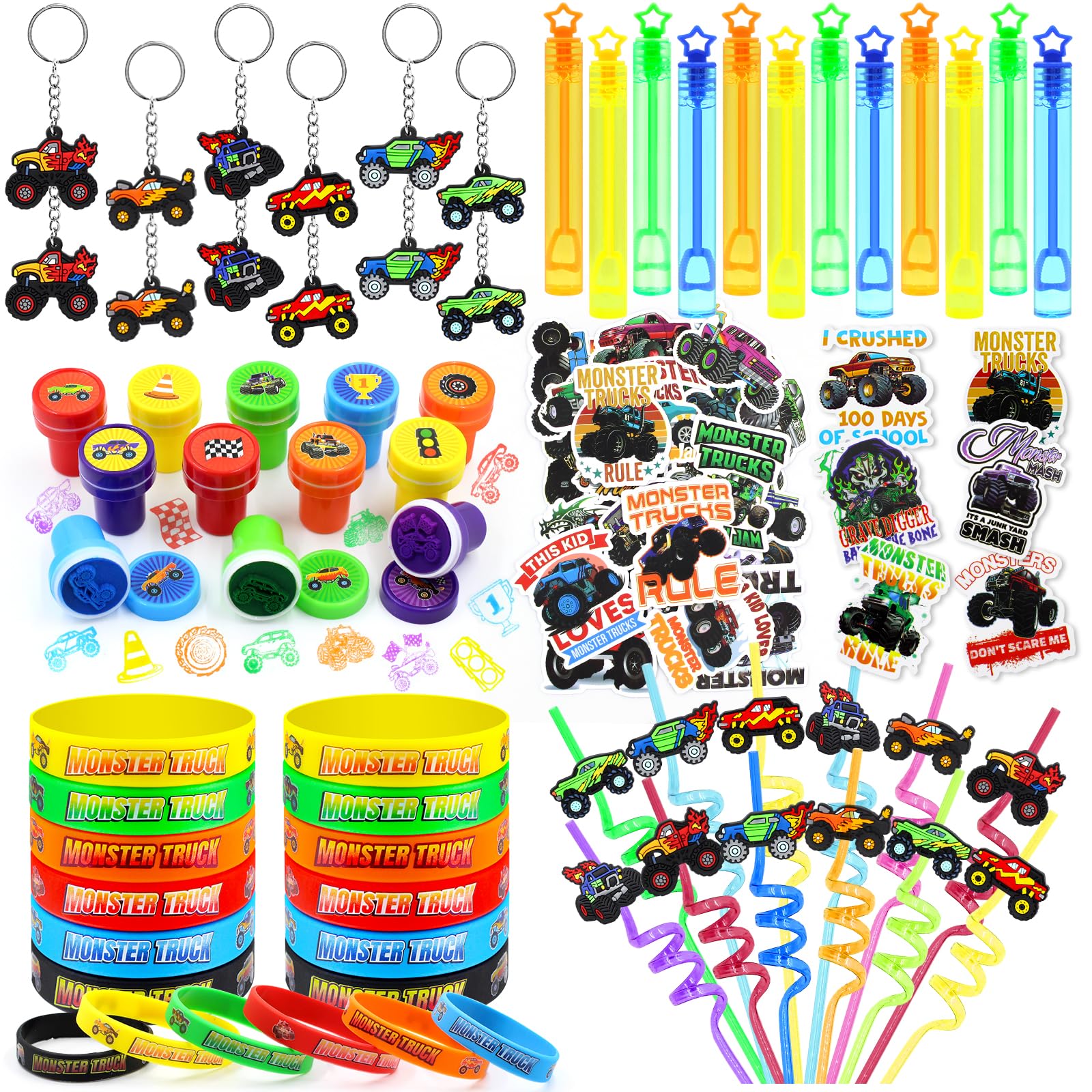 BOIKOKY 110 PCS Monster Truck Party Favors Birthday Supplies with Drinking Straws, Silicone Bracelets, Bubble Wands, Keychains, and Monster Truck Pinata for Boys Goodie Bag Stuffers