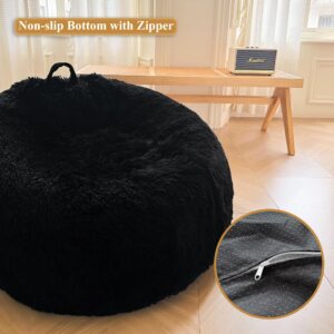 XeGe Fluffy Stuffed Animal Storage Bean Bag Chair Cover (No Filler), Faux Fur Washable Ultra Soft Bean Bag Cover for Plush Toys or Textile, Plush Shaggy Large Bean Bag for Adults Kids Teens, Black