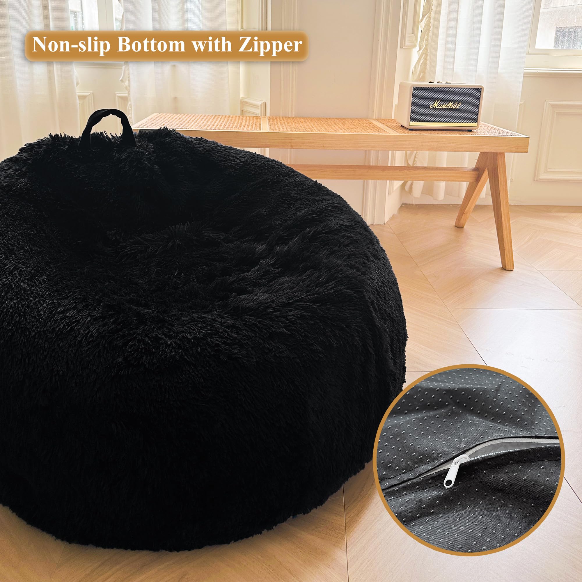 XeGe Fluffy Stuffed Animal Storage Bean Bag Chair Cover (No Filler), Faux Fur Washable Ultra Soft Bean Bag Cover for Plush Toys or Textile, Plush Shaggy Large Bean Bag for Adults Kids Teens, Black