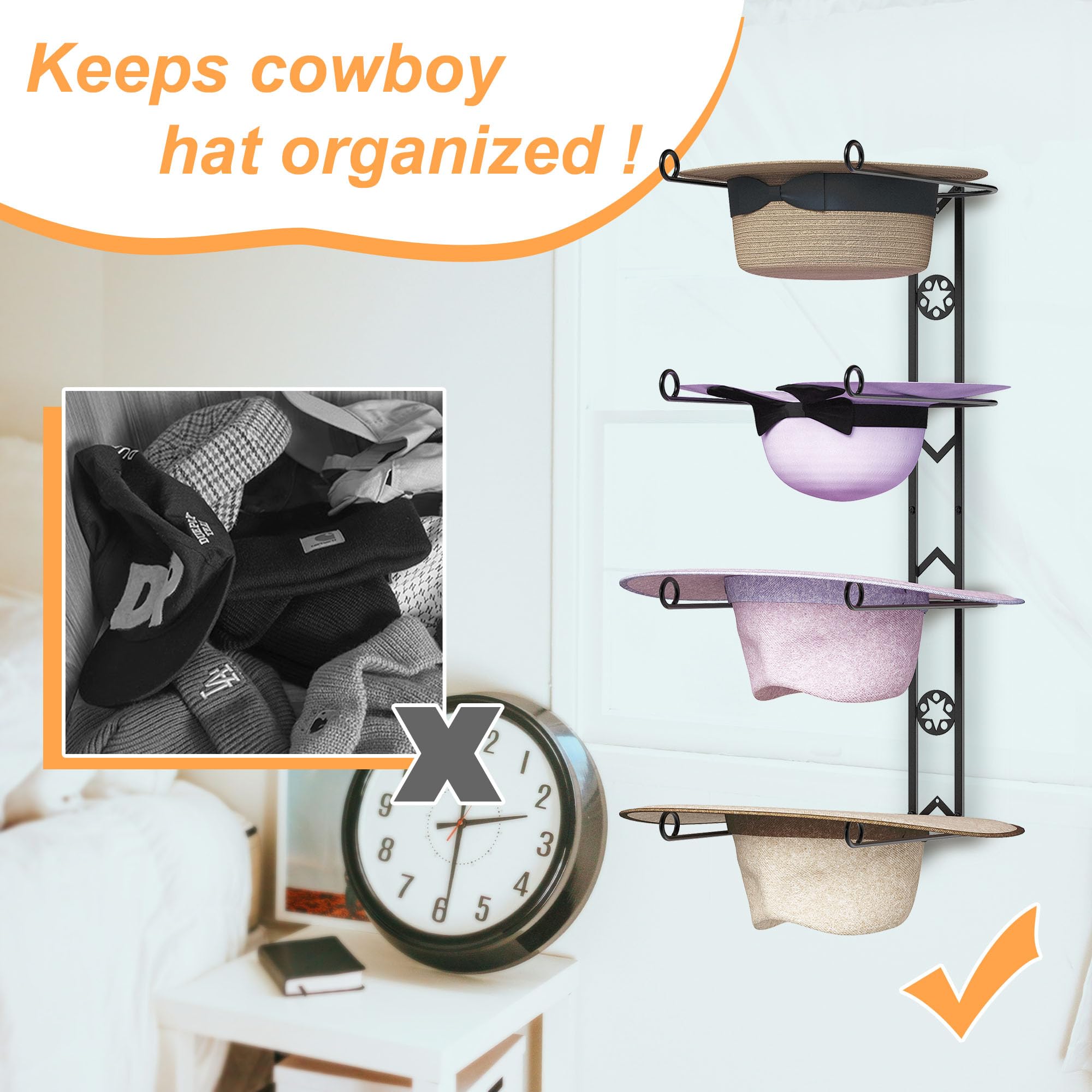 BEGULF 8 Pieces Cowboy Hat Organizer Hangers for Wall, Western Hat Rack Wall Mounted with Decorative Star, 2 Pack Metal Cowboy Hat Holder for Western, Cowboy, Beach, Fedora, Sun Hats