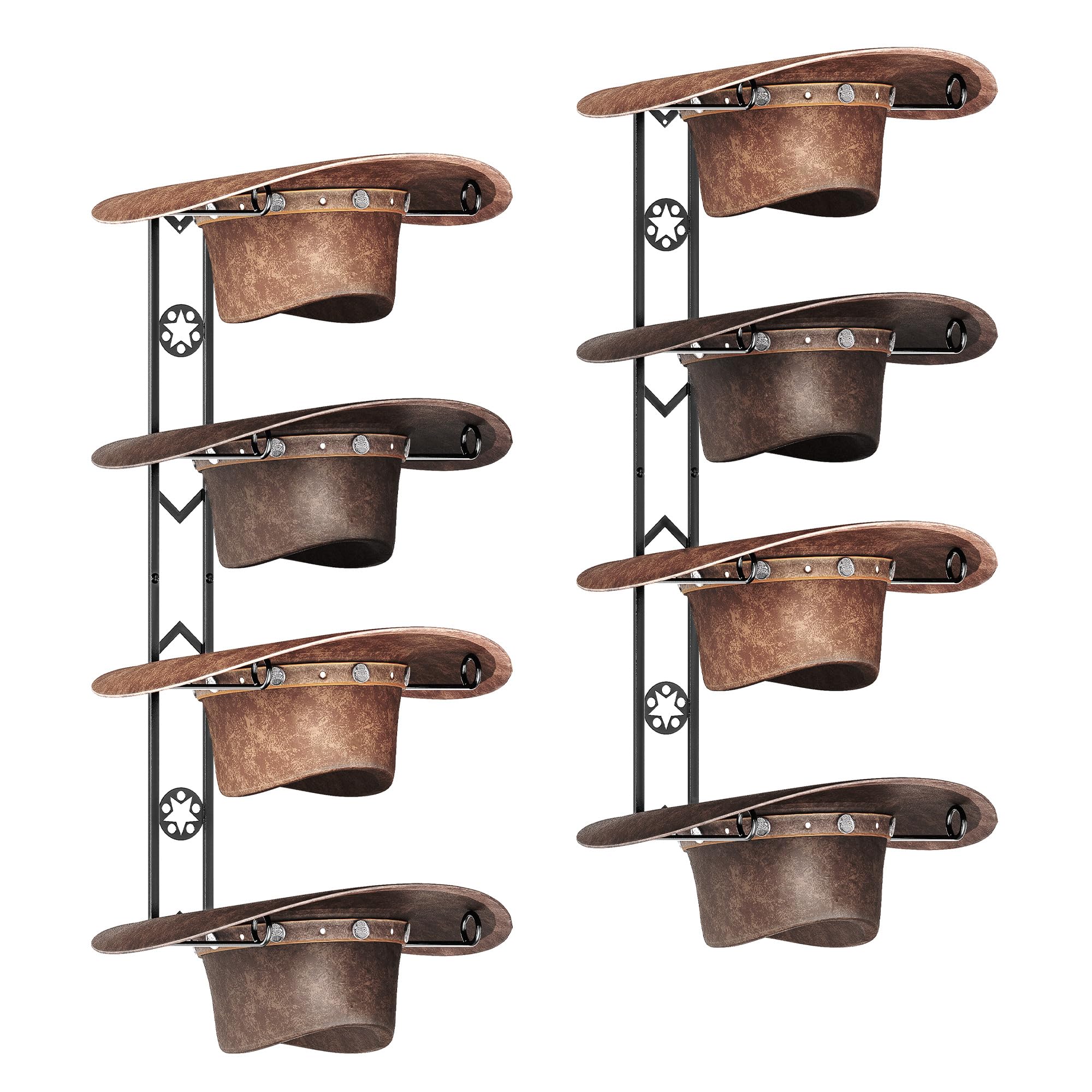 BEGULF 8 Pieces Cowboy Hat Organizer Hangers for Wall, Western Hat Rack Wall Mounted with Decorative Star, 2 Pack Metal Cowboy Hat Holder for Western, Cowboy, Beach, Fedora, Sun Hats