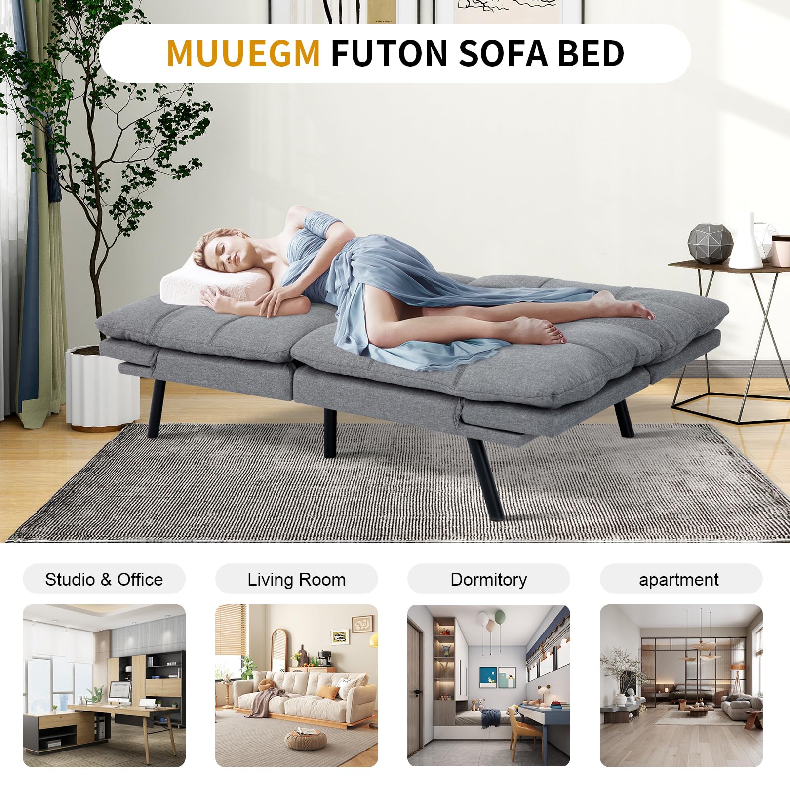 MUUEGM Convertible Futon Sofa Bed, Modern Couch Foldable Linen Memory Foam Couch Sleeper bed with Armrest and Backrest Adjustable Full Size Recliner for Living Room Office Sofabed,71" light Grey