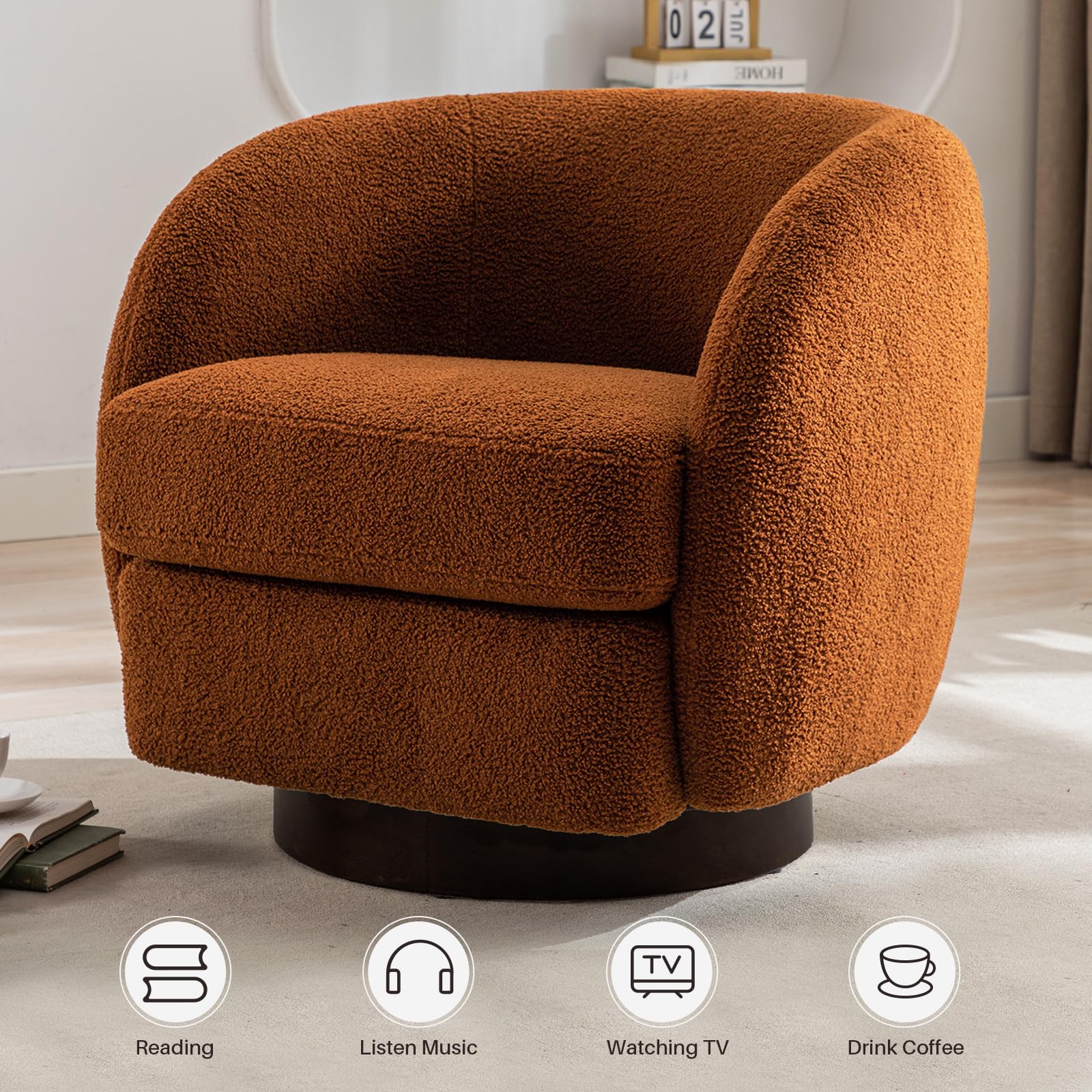 obmedin Swivel Accent Barrel Armchair with Wood Base Round Boucle Modern Upholstered Accent Chair for Nursery Living Room Bedroom Nursery Club, Burnt Orange