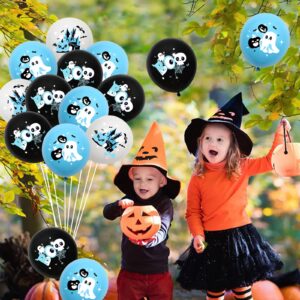 Kreatwow Halloween Baby Shower Balloon Boy 45pcs Blue Black Halloween Balloon Baby Shower Decor with Pumpkin Skull Bat Ghost Print for Halloween Birthday Party Little Boo Happy Boo Day Baby Shower