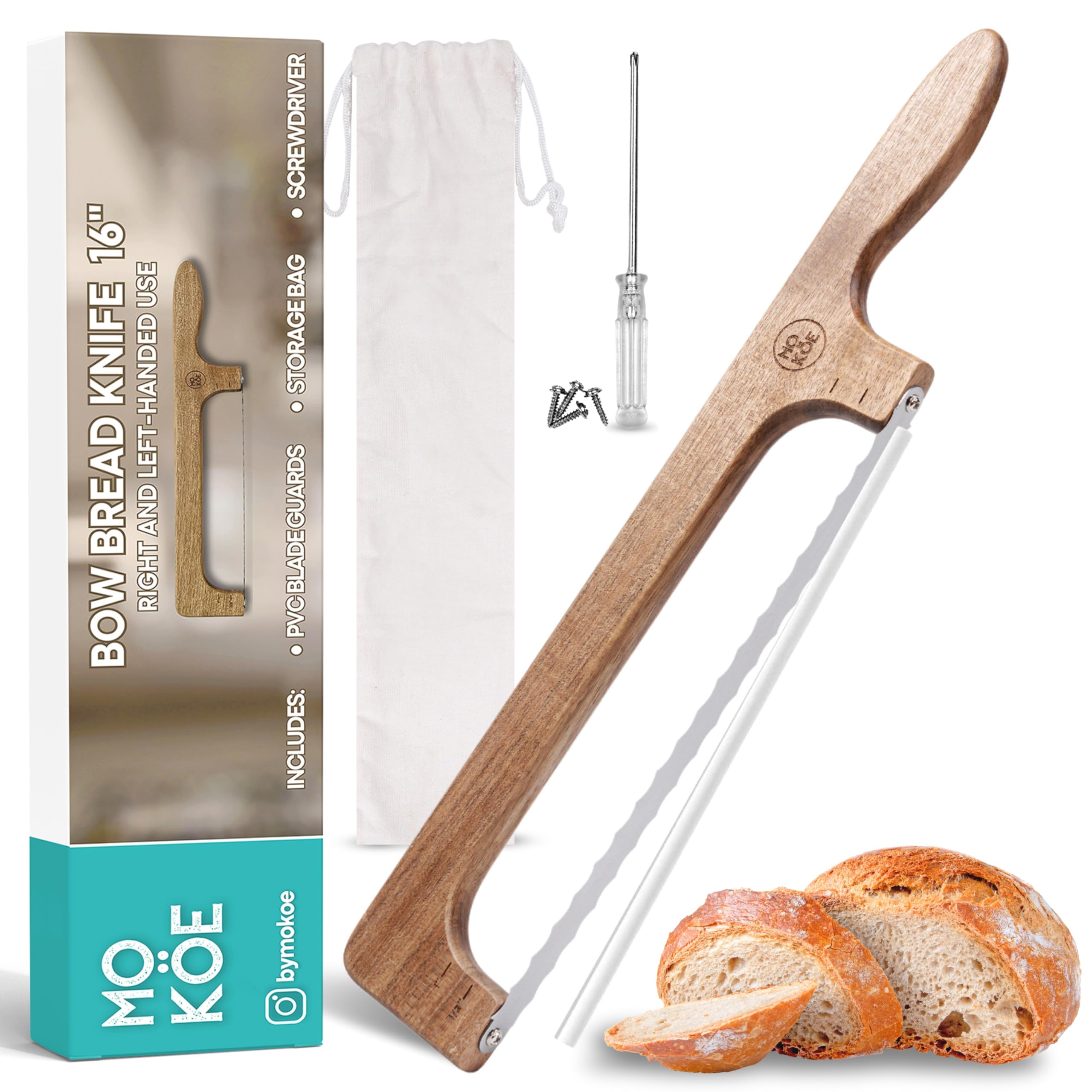 MO KÖE 16” Wooden Bread Knife - Double Serrated Stainless Steel Blade - Bow Knife for Homemade & Sourdough Bread - Ambidextrous Design for Right & Left Handed Users