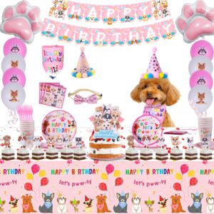 110pcs dog birthday party supplies,dog theme party favor set includes hats,bow tie,bandana,birthday banners,balloon,cake topper,cupcake topper,tablecioth,plate,fork,cup,straw