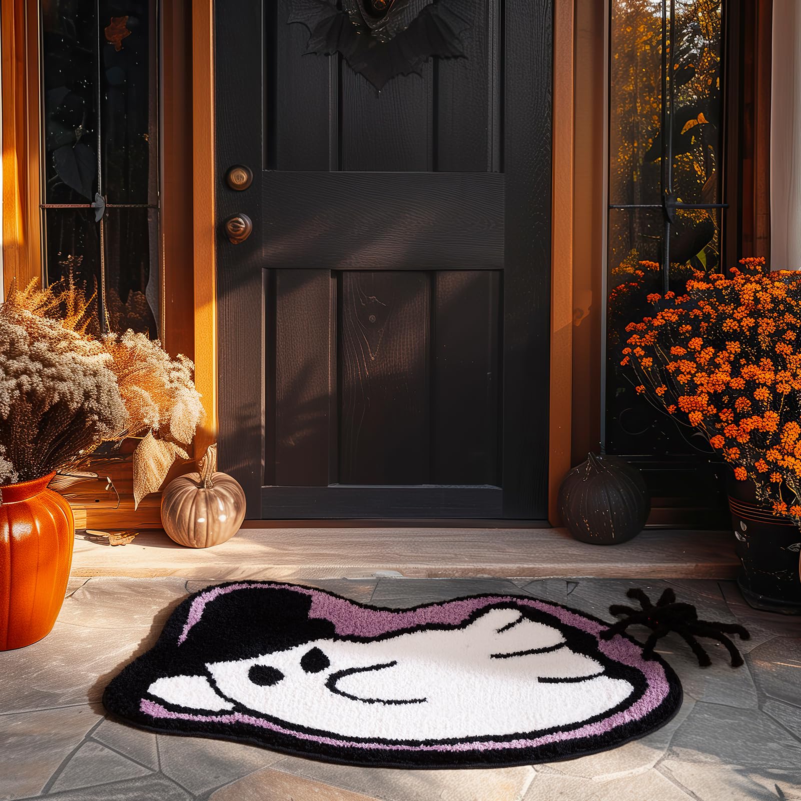 Phantoscope Happy Halloween Rug Ghost Shaped Area Rug, Soft Plush Mat for Front Door Living Bedroom Bathroom, Non-Slip Decorative Rug, Gothic Halloween Decor Door Mat, White/Purple 27.5 x 55 inch