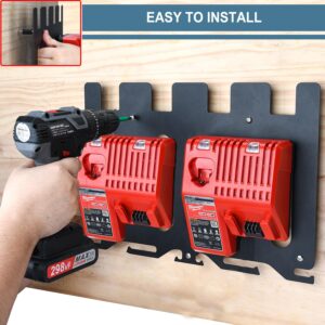 DITKOK 3-in-1 Metal Wall Mount for Milwaukee Chargers Batteries Drills Storage Rack for 4x 18V Battery Packs Bracket Holder for 2x M12-18C Charger/2x M12-18FC Charger/1x M18 DFC, Power Tool Organizer