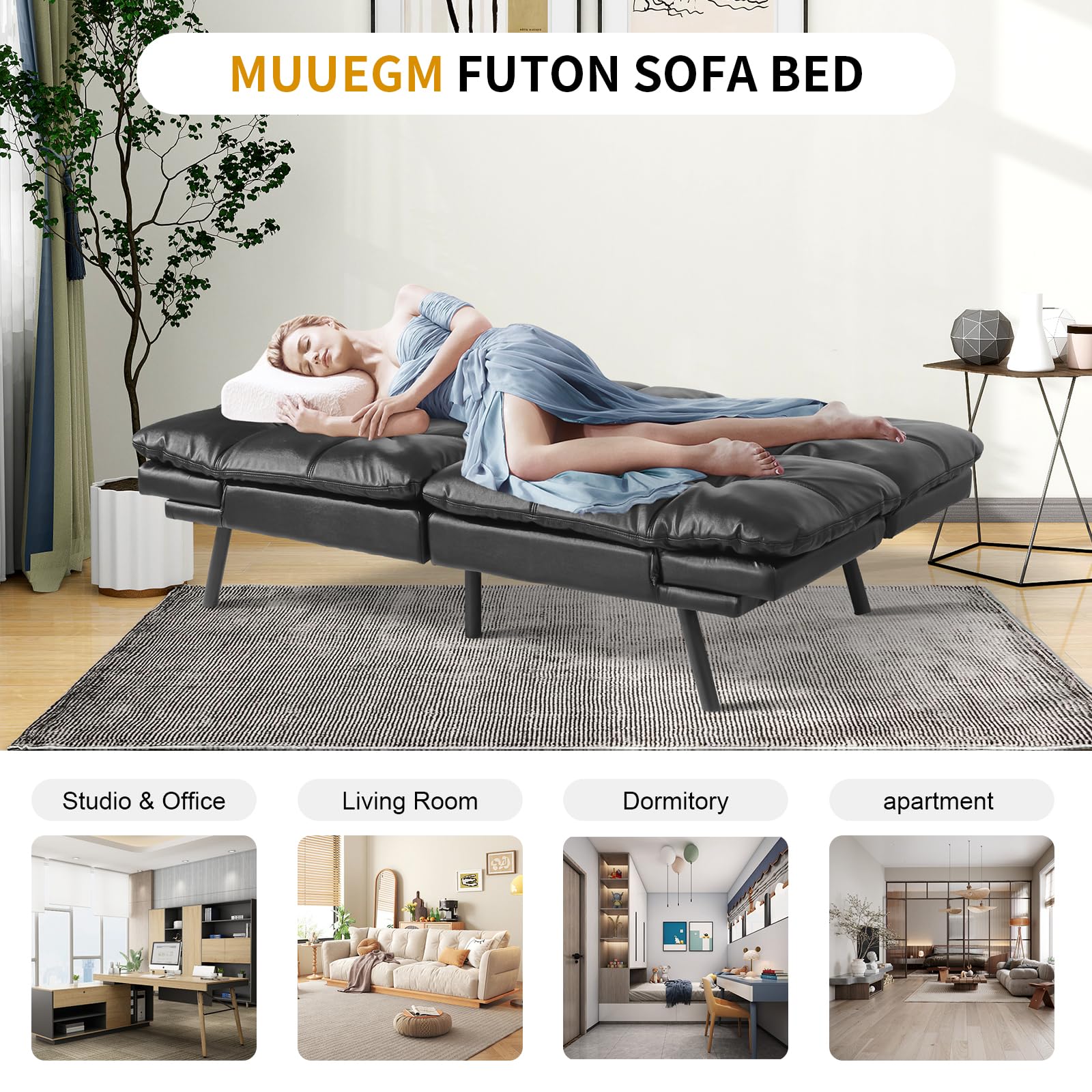 MUUEGM Faux Leather Futon Bed, Convertible Memory Foam Sofa Bed, Modern Love Seat for Living Room,Compact Space,Apartment,Office,Adjustable Backrests Armrests Couch Sleeper,71" Sofas, Matte Black