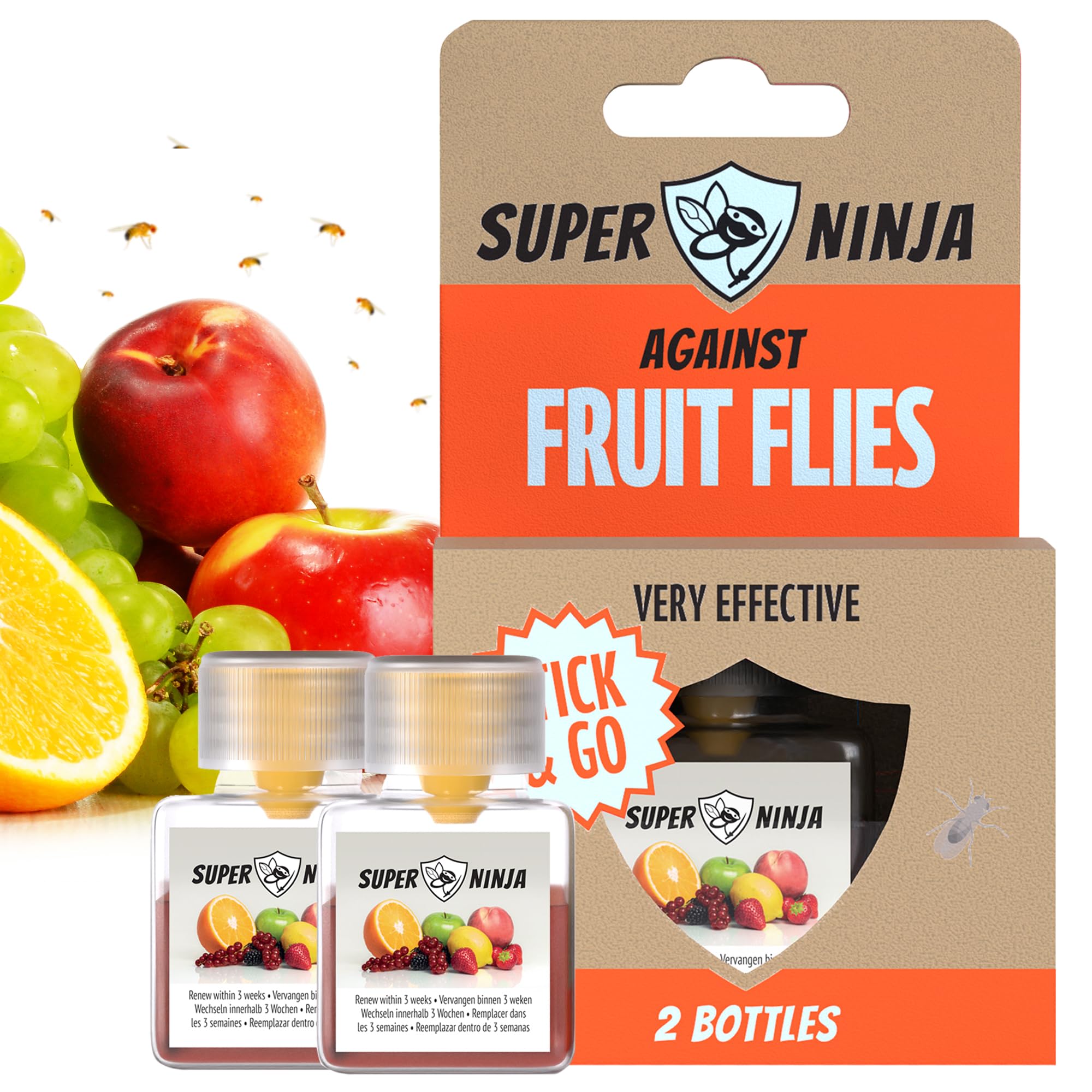 Super Ninja Fruit Fly Traps for Indoors - 2 Traps - Highly Effective Eco-Friendly Fruit Fly Catcher for Indoors - Pet and Child Safe - Up to 3 Weeks per Bottle