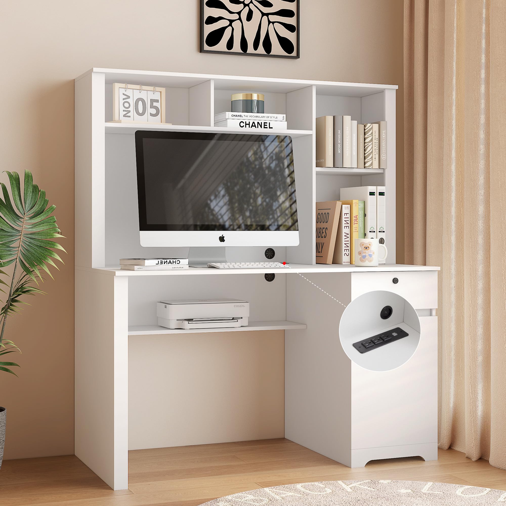 LUSPAZ Wooden Computer Desk with Hutch & Bookshelf, Executive Design for Teens, Students, and Home Office,Includes Drawers, AC Outlets, and USB Ports, White