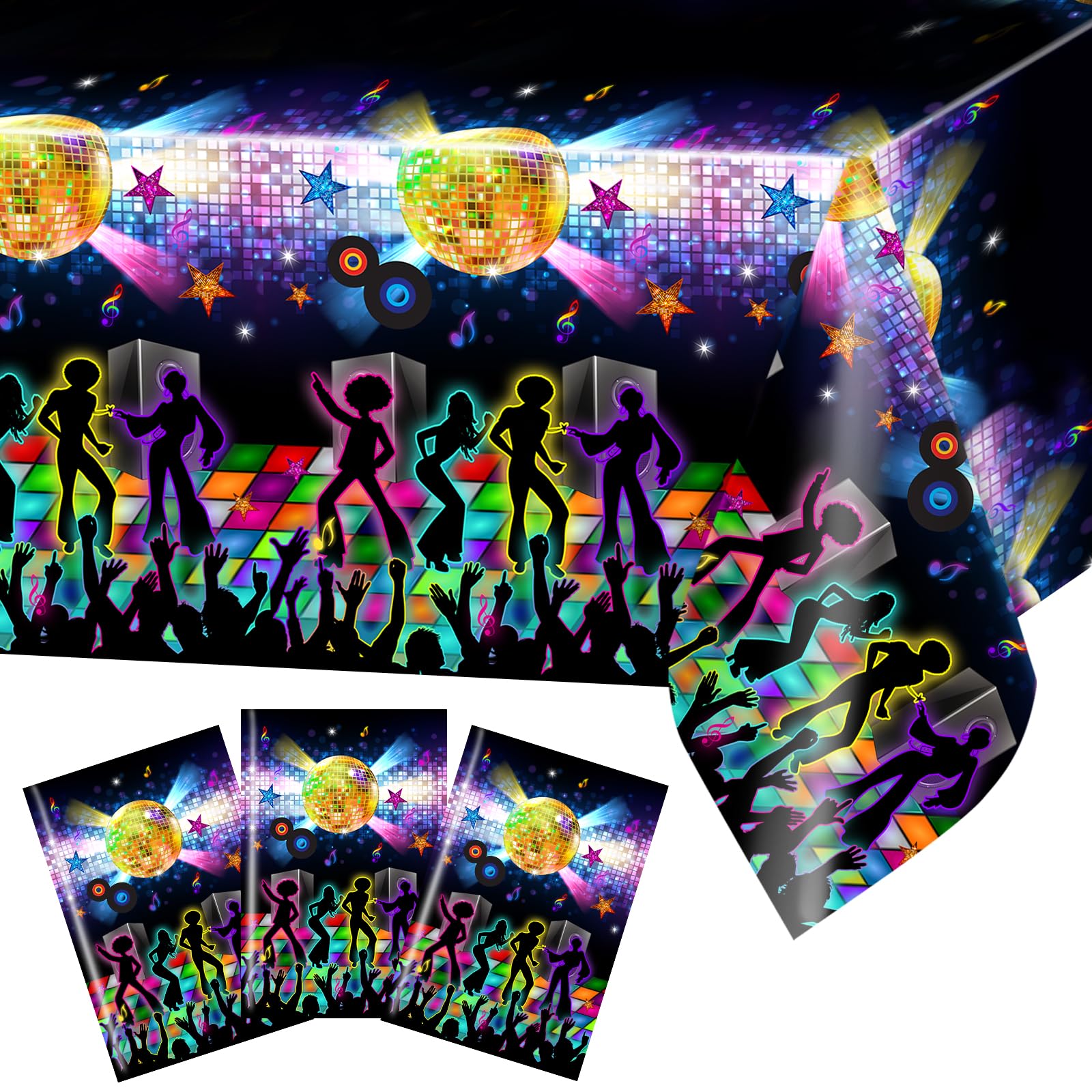 Avezano 3 pcs Disco Table Cloth 70's Party Table Cover Lets Boogie 70s Party Decorations Plastic Throwback 70s Party Supplies for Dining Room Kitchen, 108x54 Inch