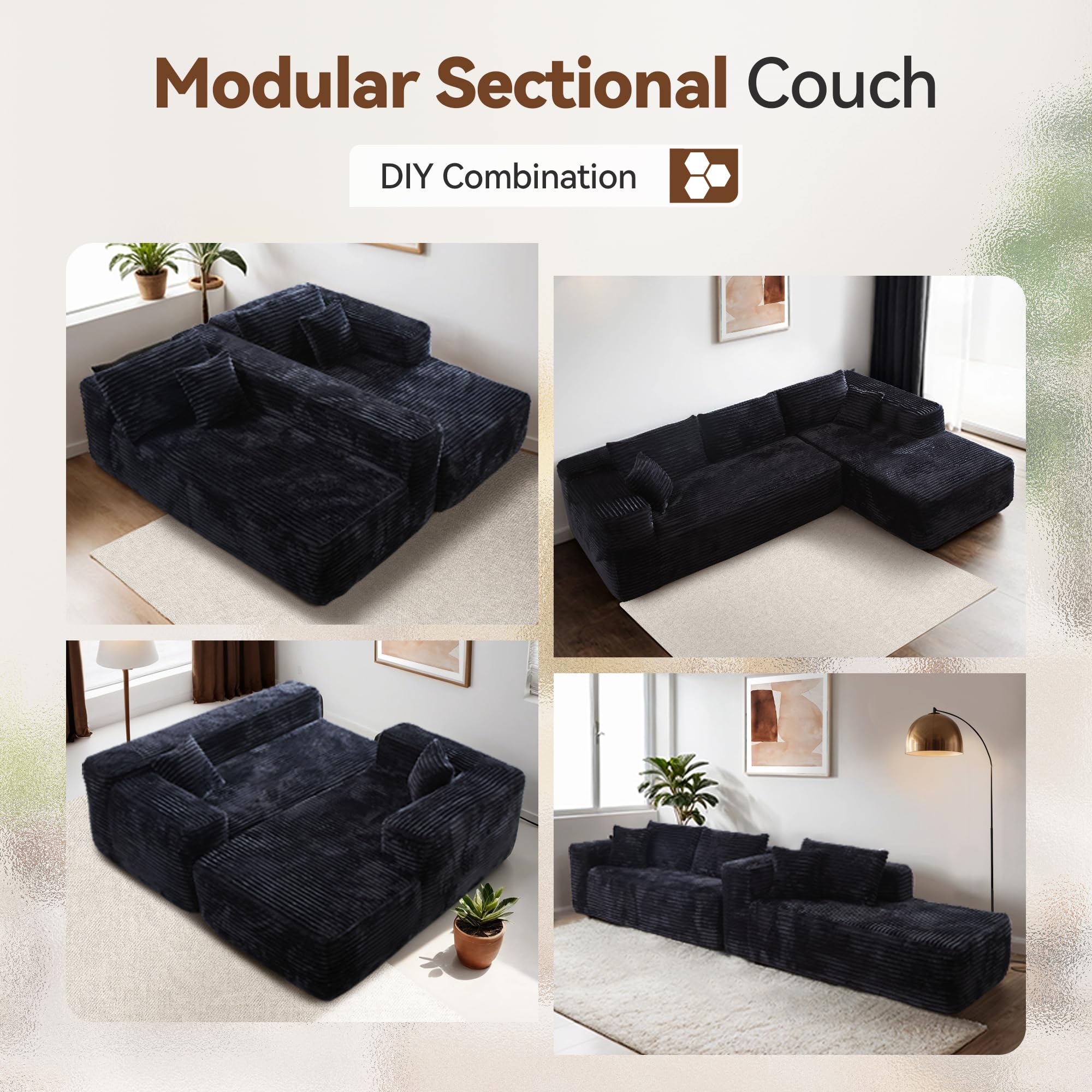 CAODOC 104" Cloud Sectional Couch with Comfy Chaise, Boneless L Shape Sofa with Deep Seat, Minimalist Modular Couches Sleeper for Living Room Bedroom Apartment Lounge,Black