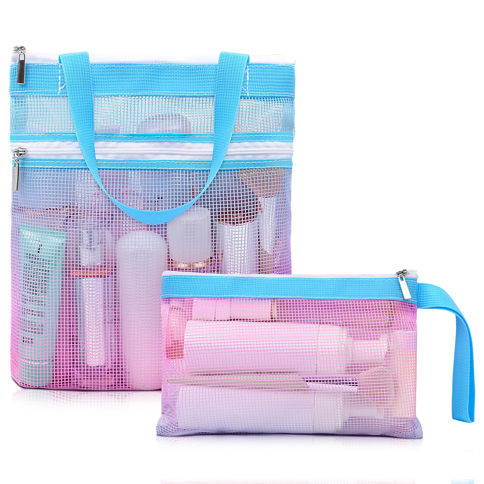 Nidoul Mesh Shower Caddy, Portable Shower Caddy Bag with Zipper, Shower Tote Dorm Caddy Hanging for Dorm, Gym, Travel, Camp, Beach, Toiletry (Pink Blue)