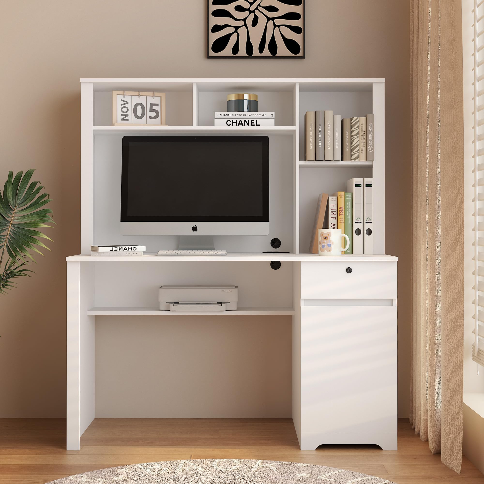 LUSPAZ Wooden Computer Desk with Hutch & Bookshelf, Executive Design for Teens, Students, and Home Office,Includes Drawers, AC Outlets, and USB Ports, White