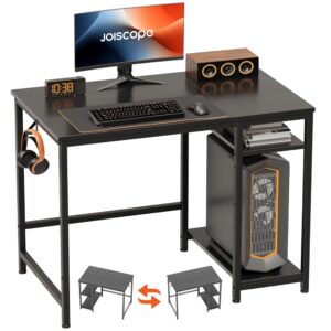 joiscope home office desk with double reversible side shelves and headphone hooks, small computer desk for working, gaming, studying, 40 inches, black