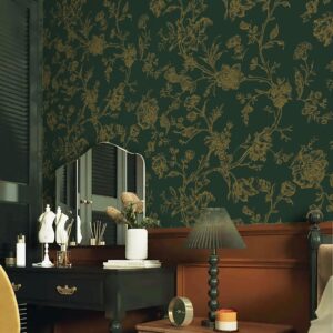 Safiyya 118"x17.3" Peel and Stick Wallpaper Gold and Dark Green Contact Paper Floral Birds Wallpaper Boho Wallpaper Removable Wallpaper Floral Wallpaper for Bedroom