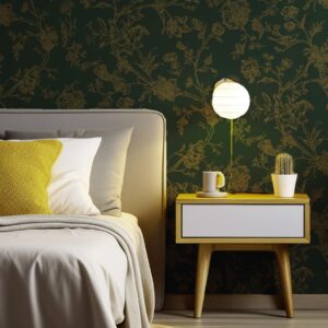 Safiyya 118"x17.3" Peel and Stick Wallpaper Gold and Dark Green Contact Paper Floral Birds Wallpaper Boho Wallpaper Removable Wallpaper Floral Wallpaper for Bedroom