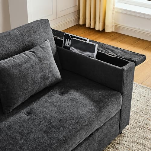 Modern 4 in 1 Convertible Sleeper Sofabed Chenille Upholstered Multifunctional Loveseat Sofa with Pull-Out Couch Bed,Armrests Storage,Cupholders,USB Ports,Adjustable Backrest,Pillows,Side Pockets