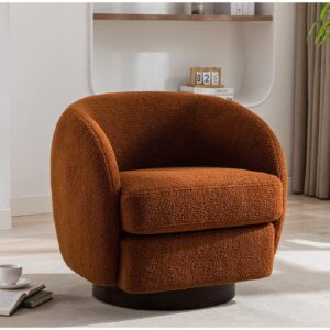 obmedin Swivel Accent Barrel Armchair with Wood Base Round Boucle Modern Upholstered Accent Chair for Nursery Living Room Bedroom Nursery Club, Burnt Orange