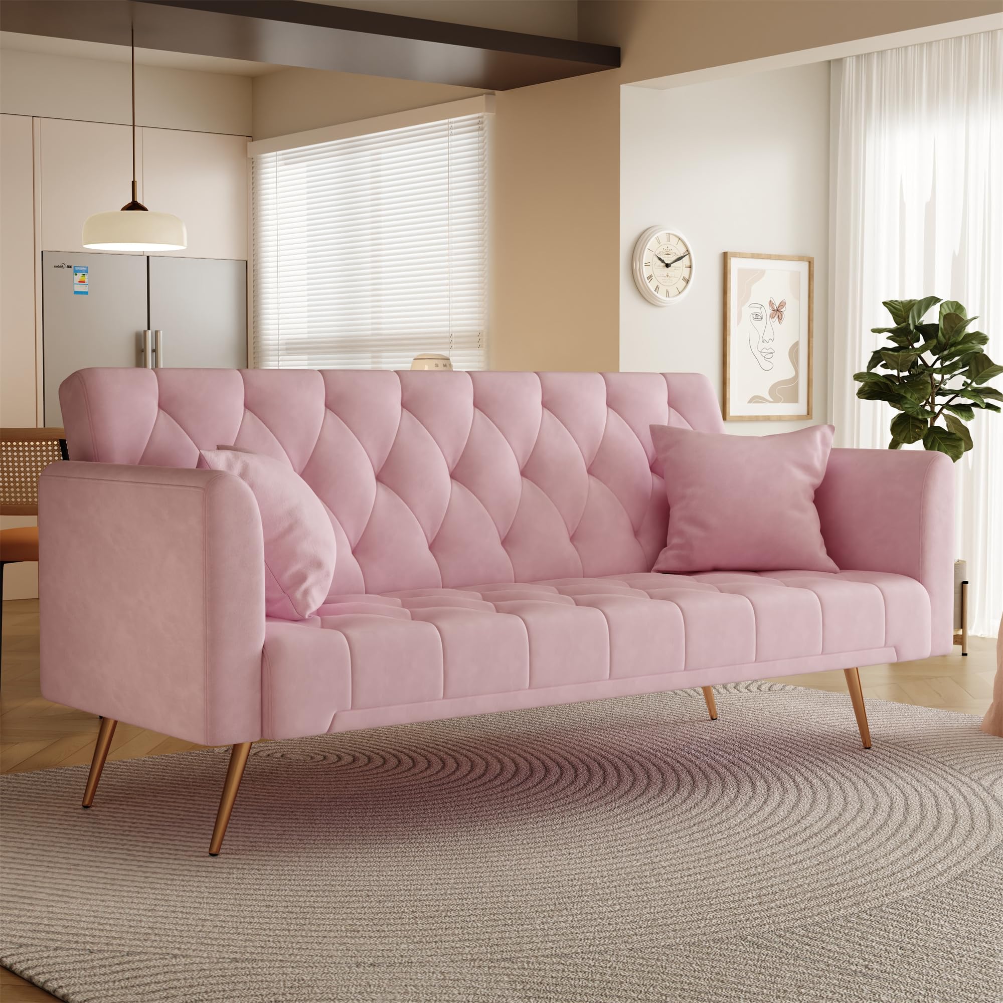 SumKea 71'' Modern Velvet Futon Sofa Bed, Loveseat Sofa, Convertible Folding Sleeper Couches with Adjustable Backrests and 2 Pillow, Lounge Sofa with Golden Chrome Legs, Pink