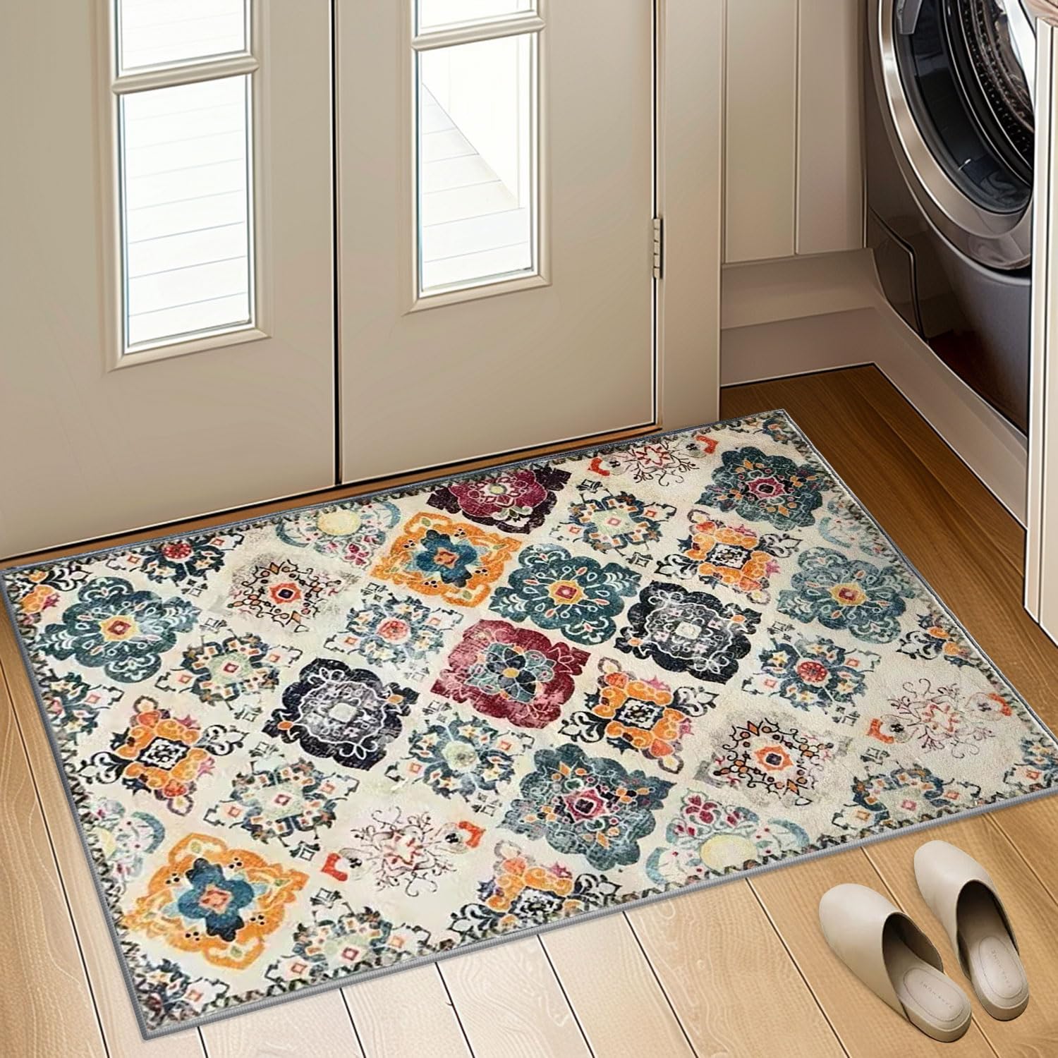 QQL 2'x3' Washable Indoor Entry Rug,Accent Door Mat Machine Soft Small Area Rug,Non-Slip Non-Shedding Faux Wool Vintage Design Boho Low Pile Throw Rugs