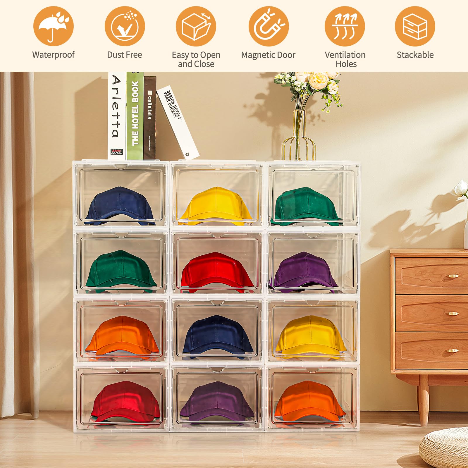 Hat Organizer Box,Upgrade Harder Solid Plastic Hat Organizer for Baseball Caps, Clear Hat Storage with Magnetic Door, Hat Rack, Hat Holder, Hat Case, Hat Box (Clear, 2 Pack)