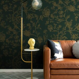 Safiyya 118"x17.3" Peel and Stick Wallpaper Gold and Dark Green Contact Paper Floral Birds Wallpaper Boho Wallpaper Removable Wallpaper Floral Wallpaper for Bedroom