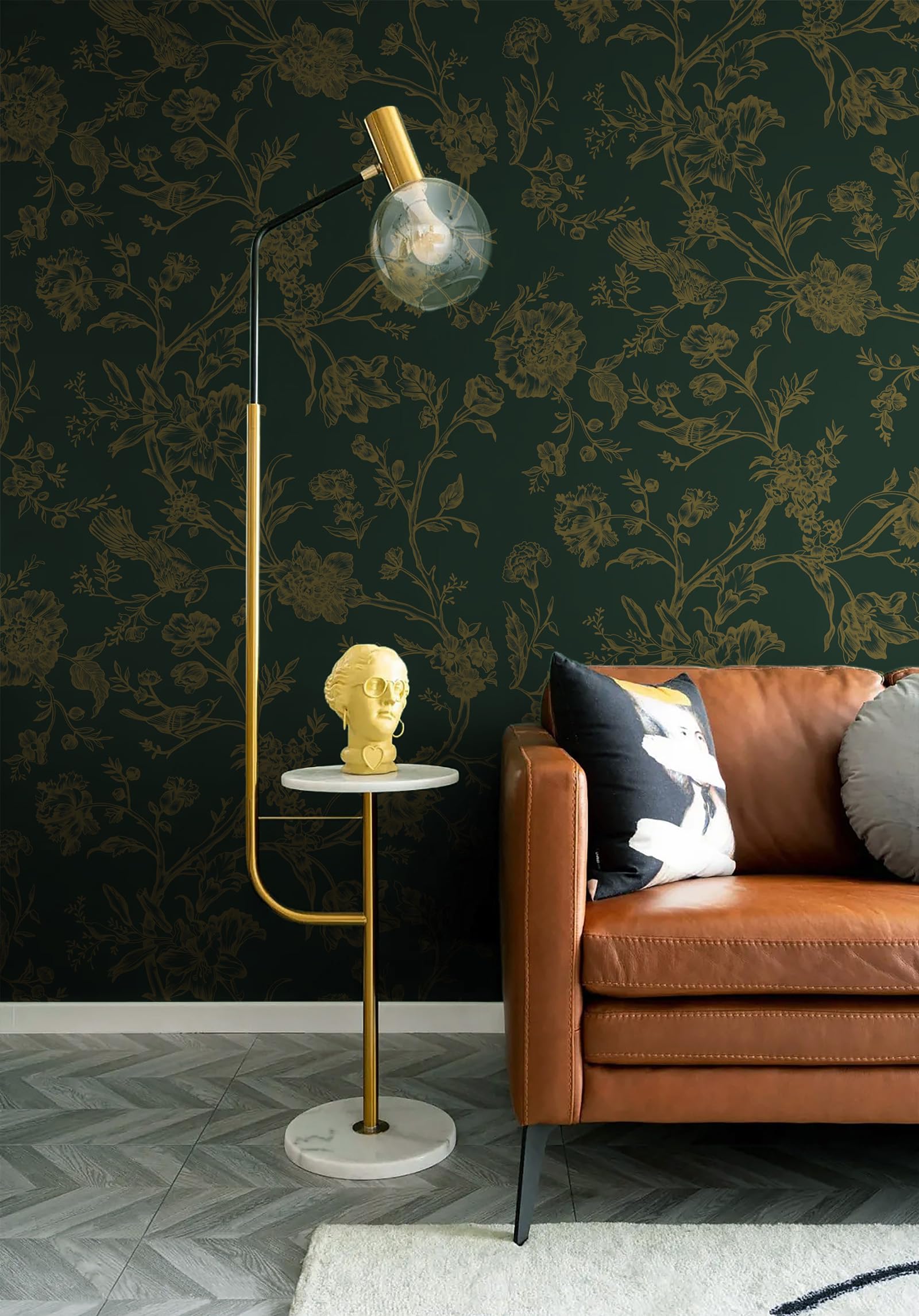 Safiyya 118"x17.3" Peel and Stick Wallpaper Gold and Dark Green Contact Paper Floral Birds Wallpaper Boho Wallpaper Removable Wallpaper Floral Wallpaper for Bedroom