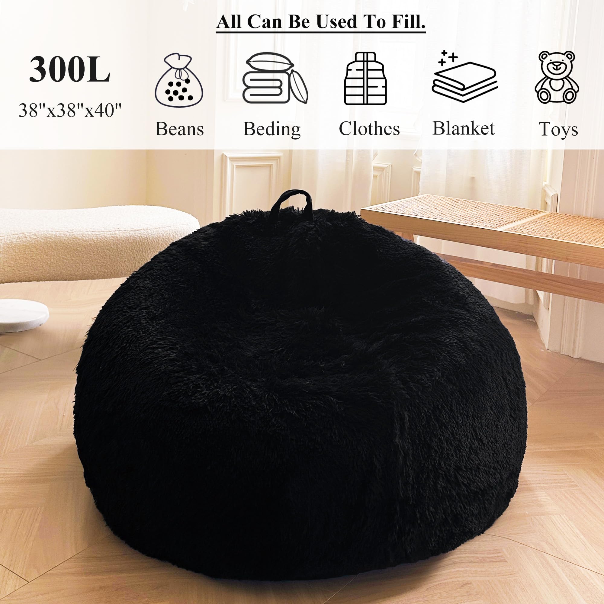 XeGe Fluffy Stuffed Animal Storage Bean Bag Chair Cover (No Filler), Faux Fur Washable Ultra Soft Bean Bag Cover for Plush Toys or Textile, Plush Shaggy Large Bean Bag for Adults Kids Teens, Black