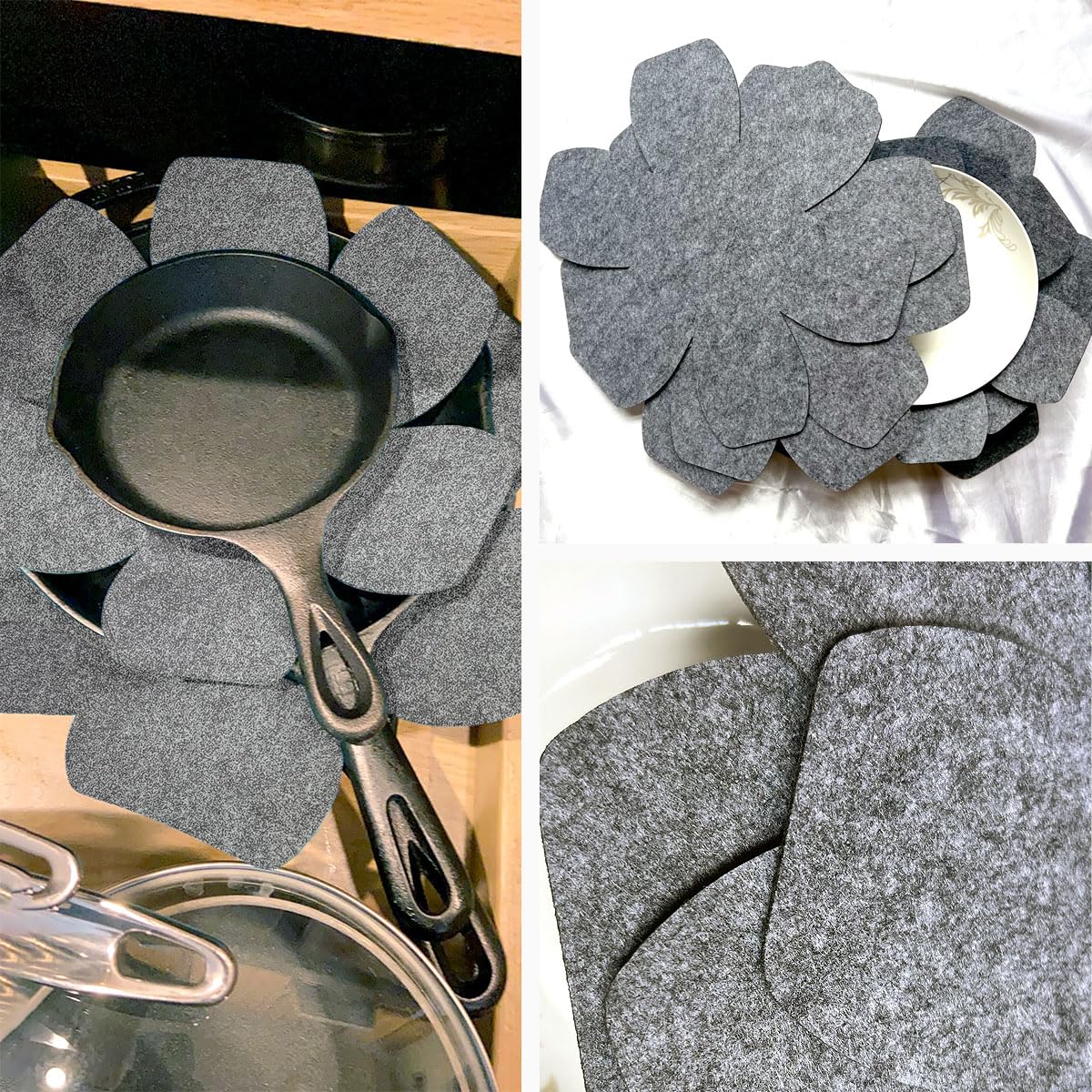 6 Pcs Pot and Pan Protectors for Stacking, in 3 Sizes, Pan Separators Felt, Pan Stacking Protectors, Anti-slip Pot Protectors, Ceramic Glass Cookware Dividers Pads, Gray