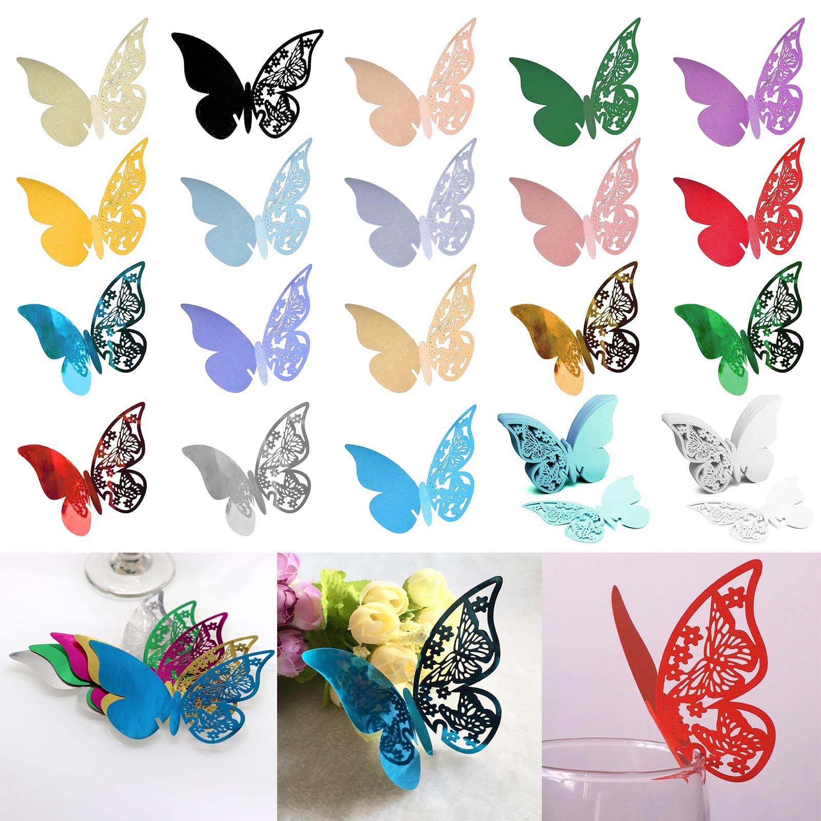 LJKLAJ 100pcs Butterfly Name Place Card Wine Glass Cup Paper Card Ornament For Wedding Birthday Glass High Feet Cup Decoration Butterfly Name Place Cards, Light Lanka