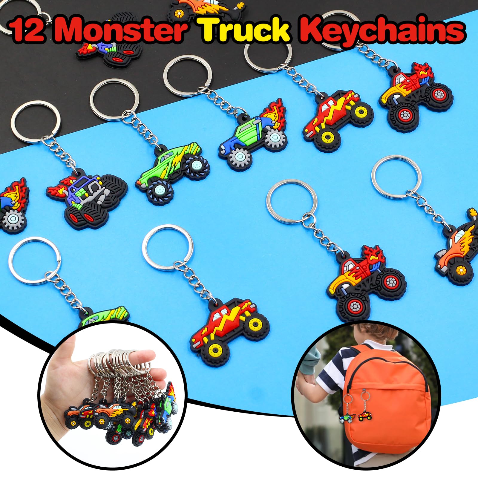 BOIKOKY 110 PCS Monster Truck Party Favors Birthday Supplies with Drinking Straws, Silicone Bracelets, Bubble Wands, Keychains, and Monster Truck Pinata for Boys Goodie Bag Stuffers